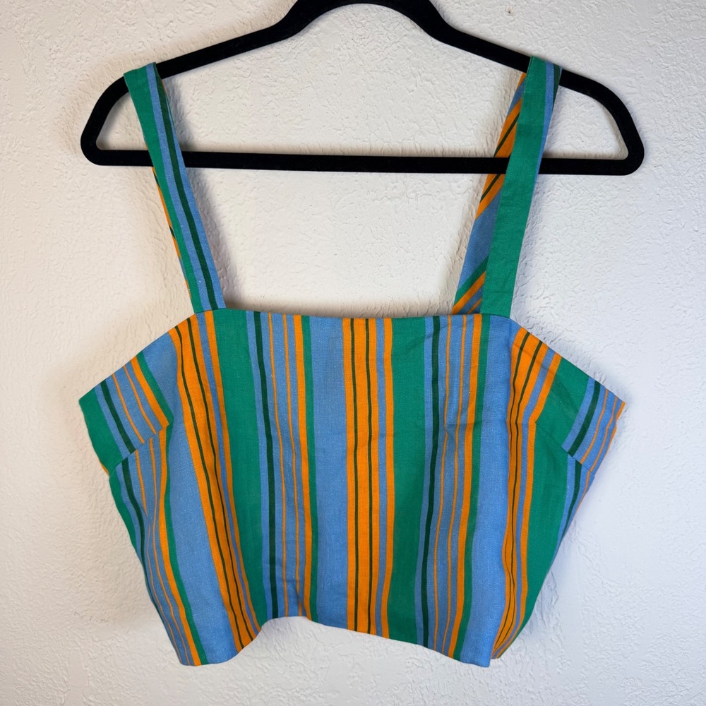 Staud Womens 12 Linen Cotton Striped Crop Top Square Neck Boho Chic Retro Mod